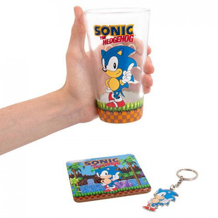 Sonic the Hedgehog Keyring, Glass and Coaster Set Classic